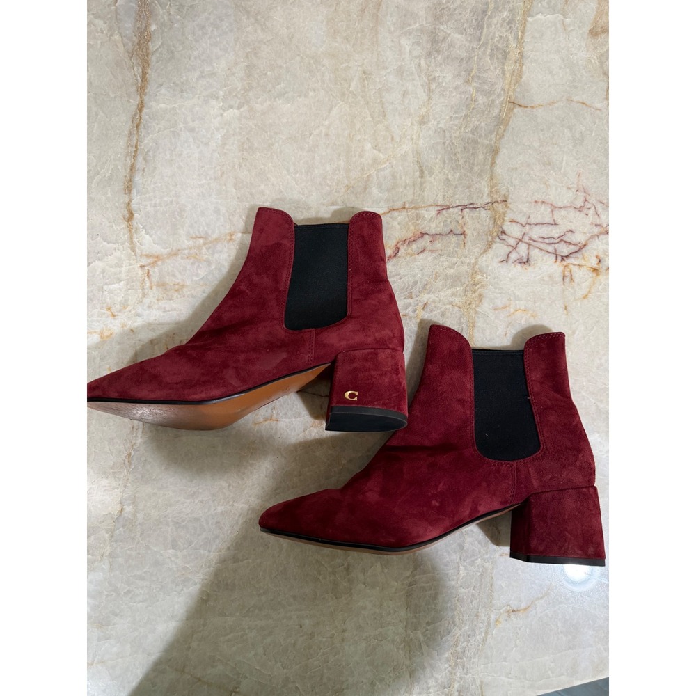 Coach Tia Wine Red Suede Chelsea Ankle Boots Block Heel Size 8.5 - Picture 9 of 12